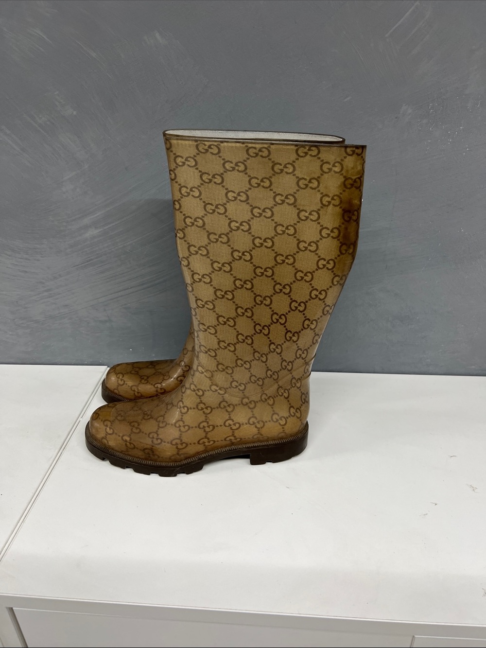 Gucci Beige GG Monogram Rain Boots